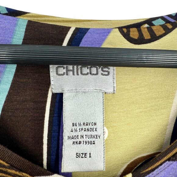 Chicos Sz MEDIUM 1 Stretchy Black Purple 3/4 Sleeve Blouse Shirt Top Abstract - Picture 2 of 7